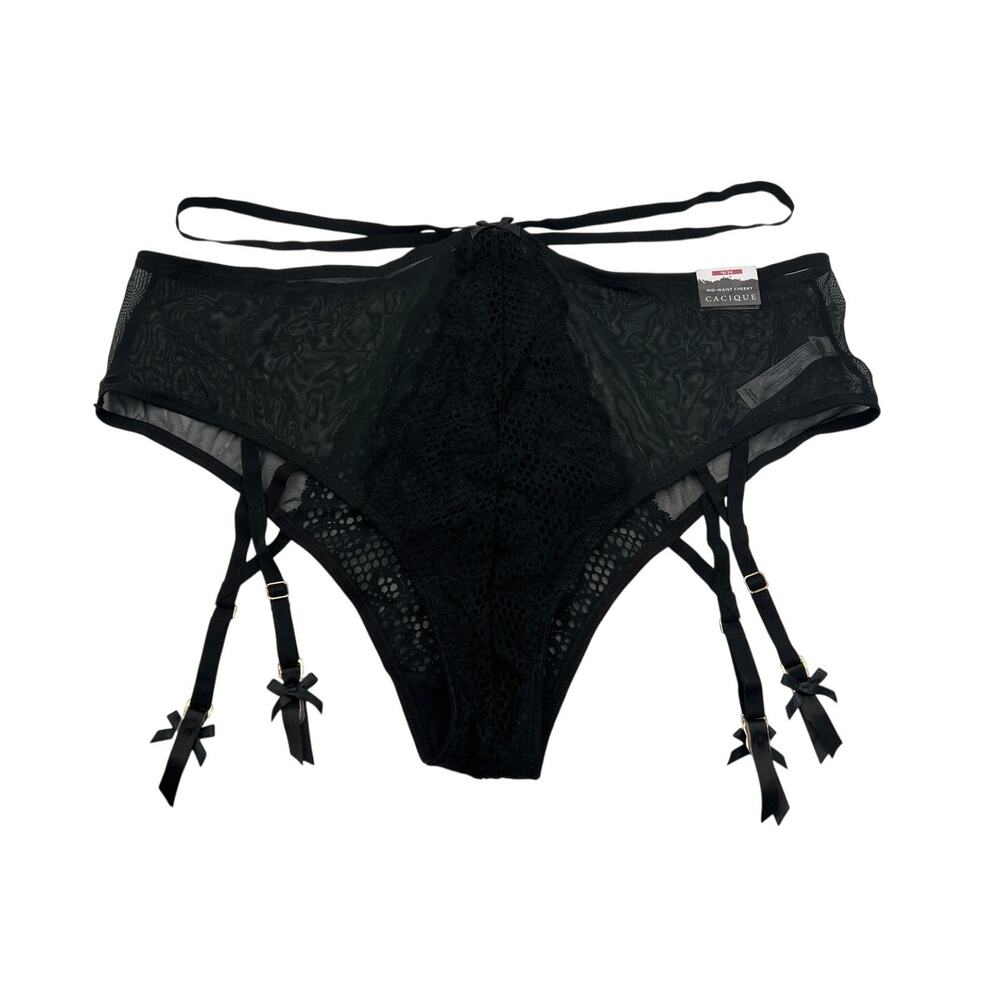 CACIQUE PLUS 18/20 MID-WAIST CHEEKY PANTY SHEER LACE GARTER STRAPS BLACK NEW